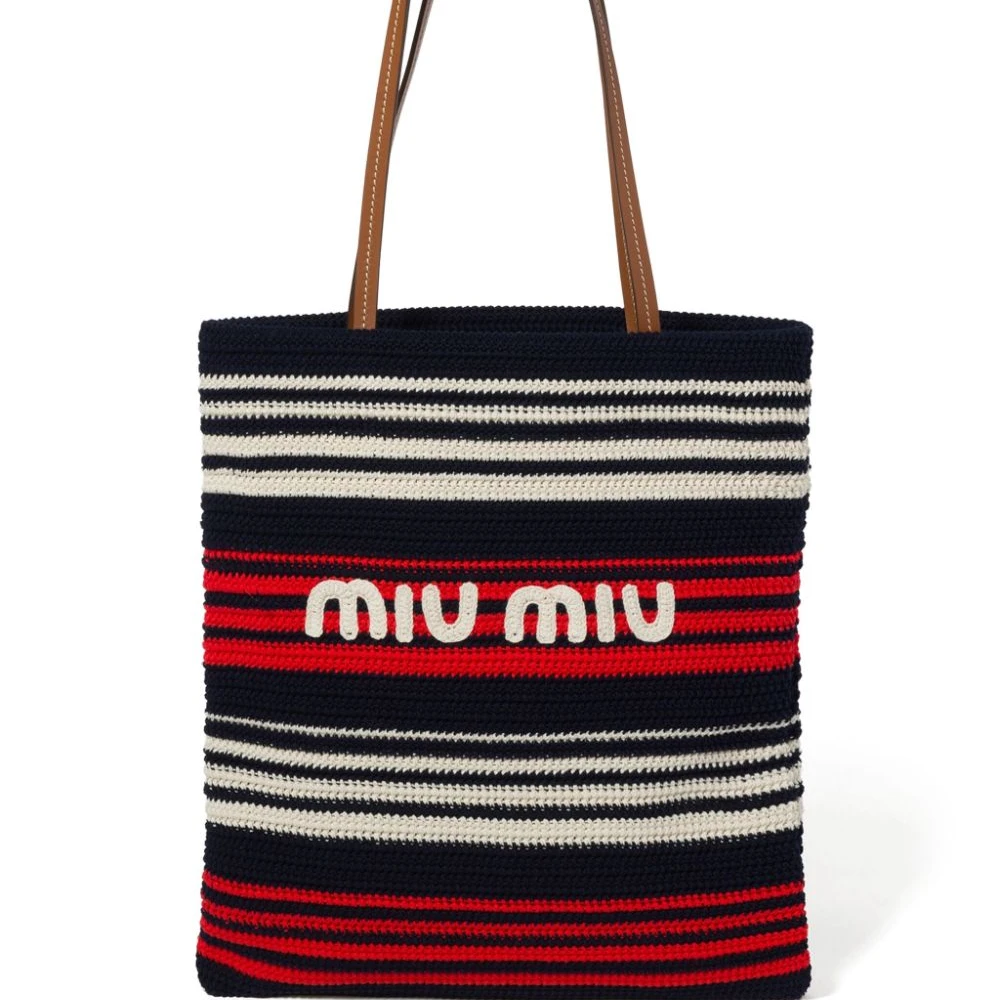 Miu Miu Blue_Red_White Striped Crochet Knit Medium Tote Bag Front replica handbags