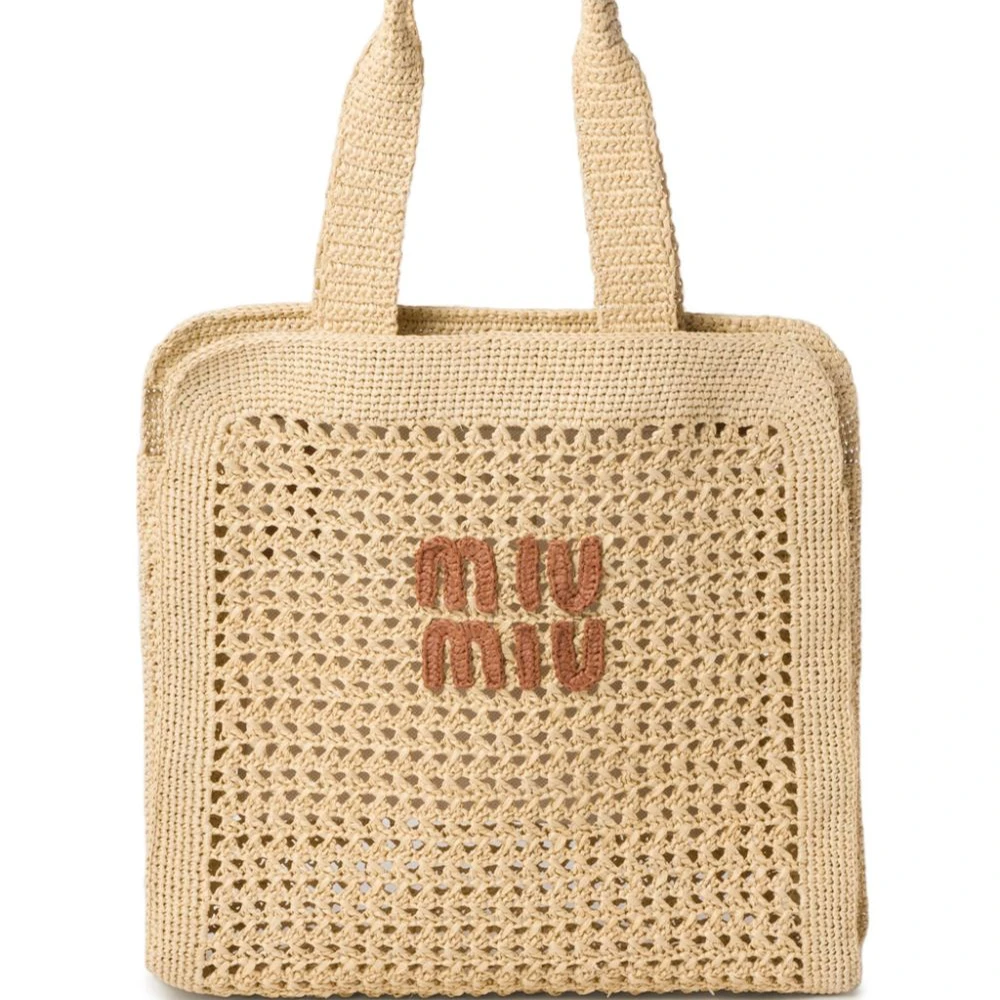 Miu Miu Ecru Woven Raffia Medium Tote Bag Silver Hardware Front replica handbags