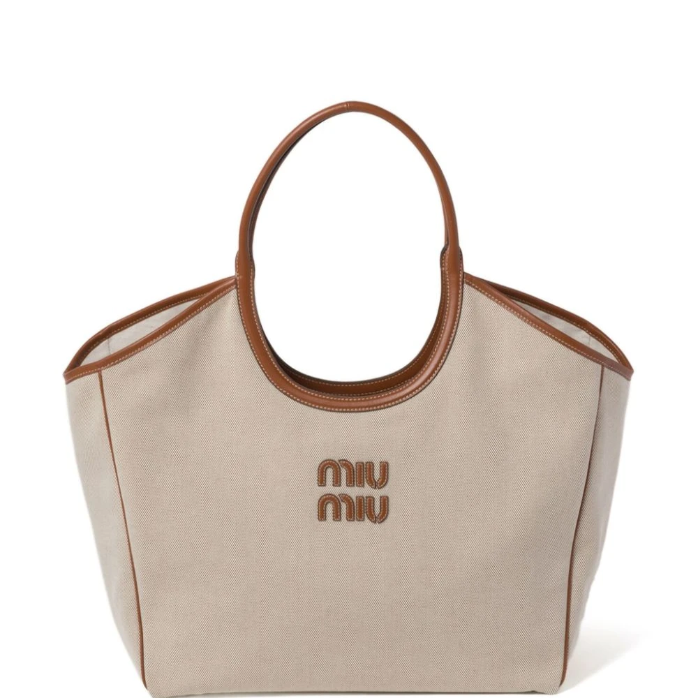 Miu Miu Light BeigeBrown Canvas Large Ivy Tote Bag Front replica handbags