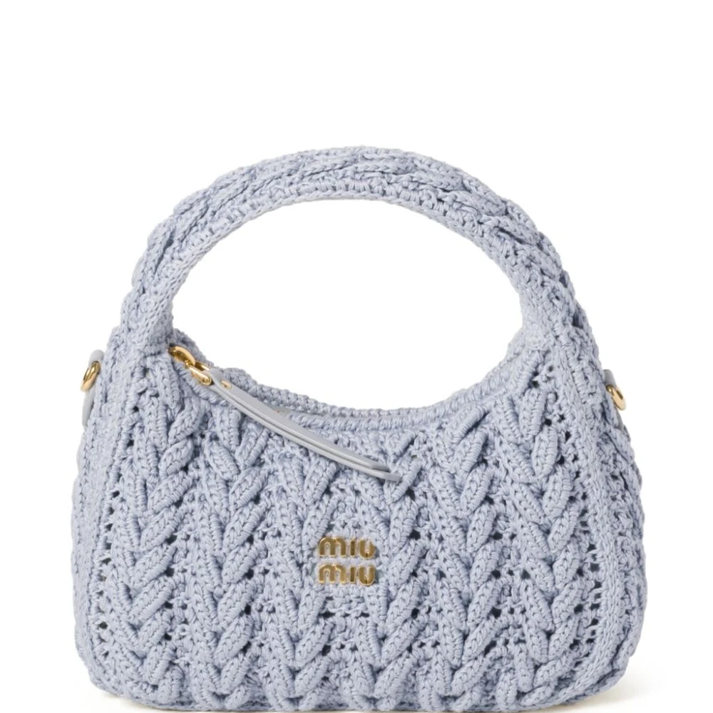Miu Miu Light Blue Cotton Mini Wander Woven-Design bag Gold Hardware Front replica handbags