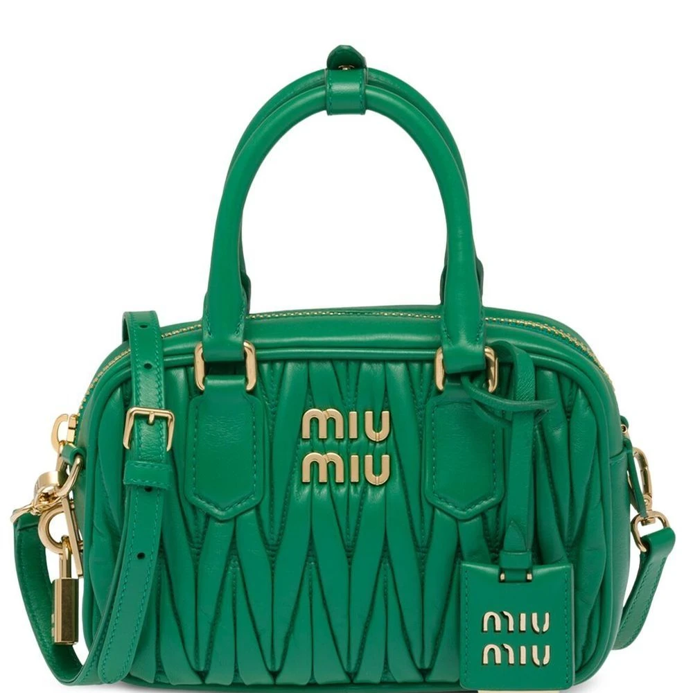 Miu Miu Mango Green Nappa Matelasse Leather Small Crossbody Bag Gold Hardware Front replica handbags