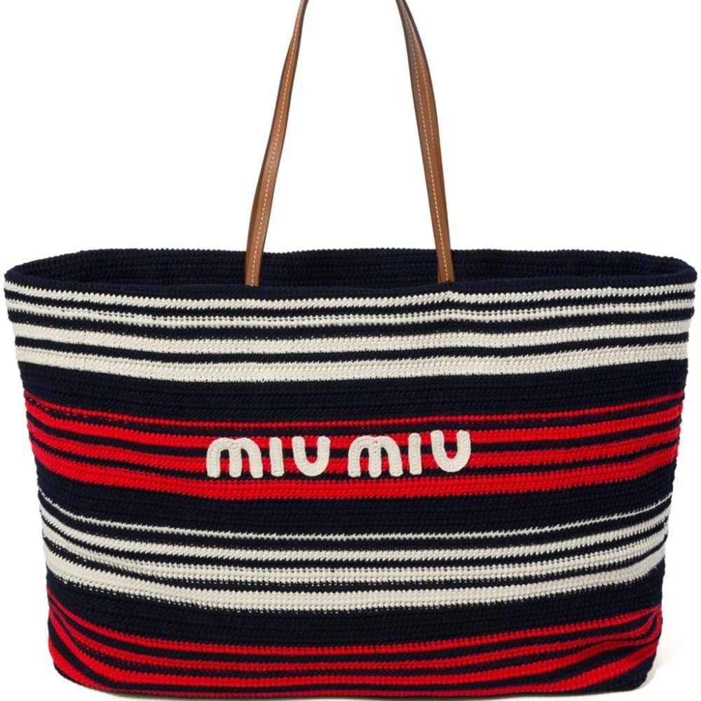 Miu Miu Midnight Blue_Red_White Striped Crochet Knit Tote Bag Front replica handbags