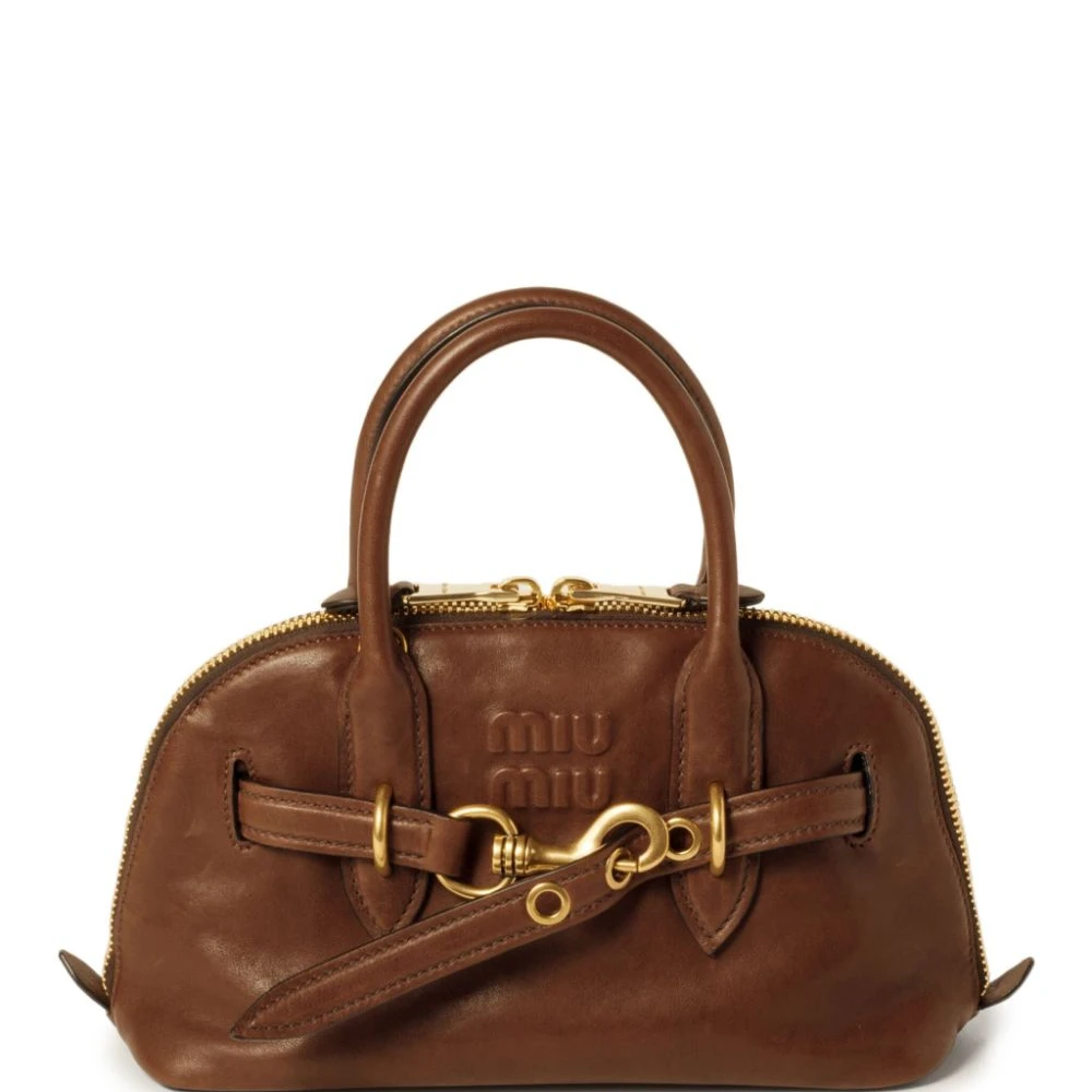 Miu Miu Oak Brown Nappa Leather Medium Aventure Tote Bag Gold Hardware Front replica handbags