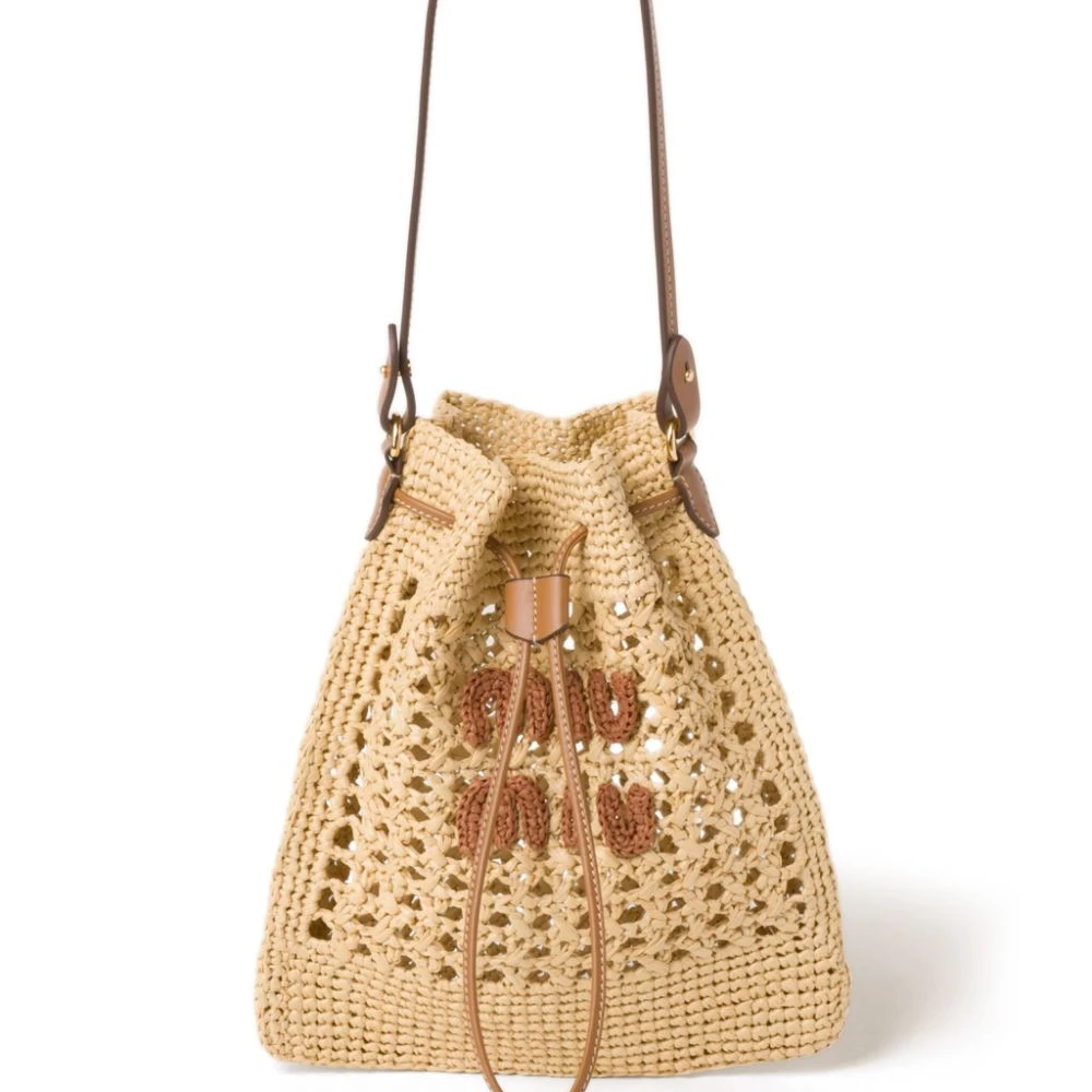 Miu Miu Sand Beige Woven Fabric Mini Tote Bag Front replica handbags