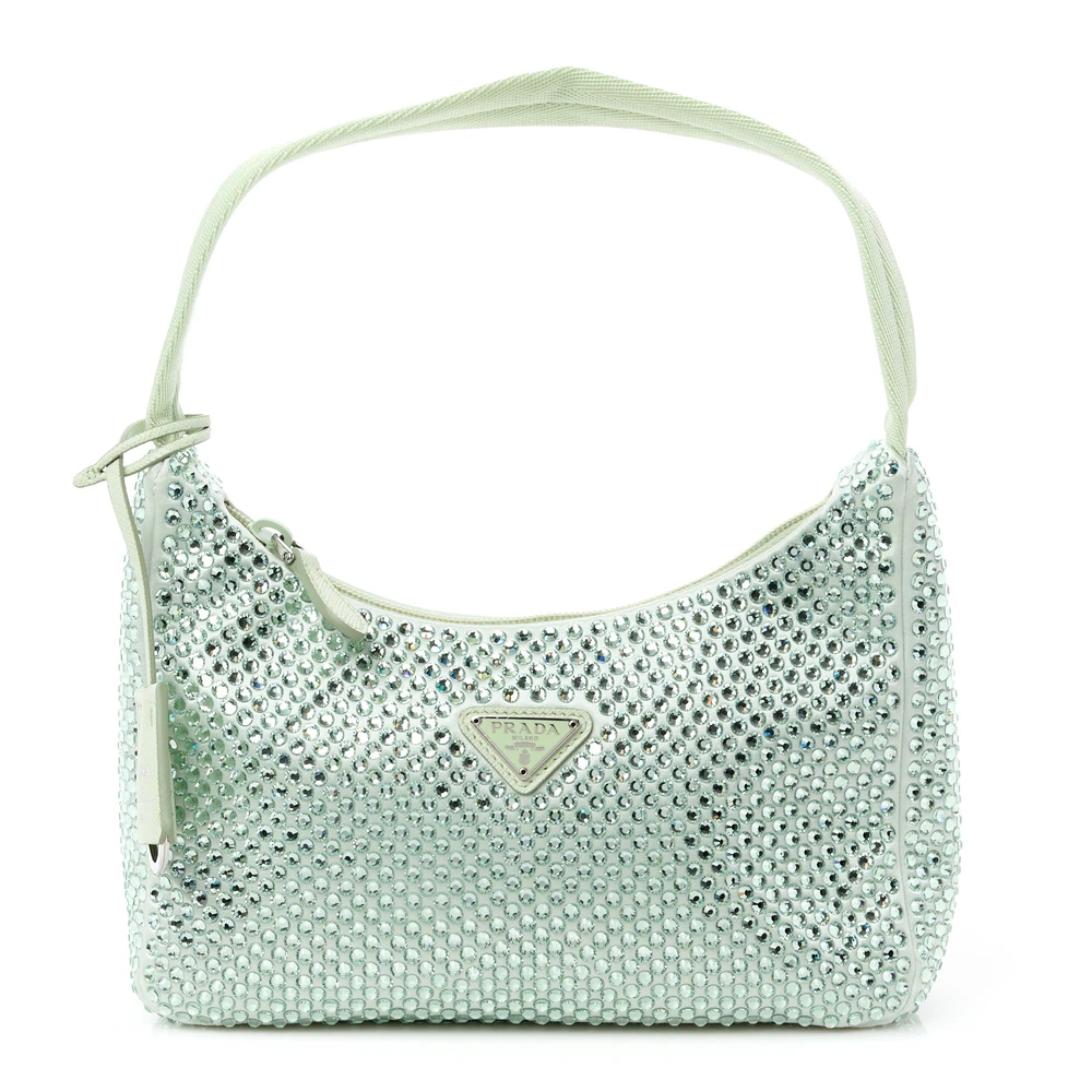 Prada Acqua Satin & Crystal Mini Re-Edition 2000 Bag Silver Hardware Front Replica handbags