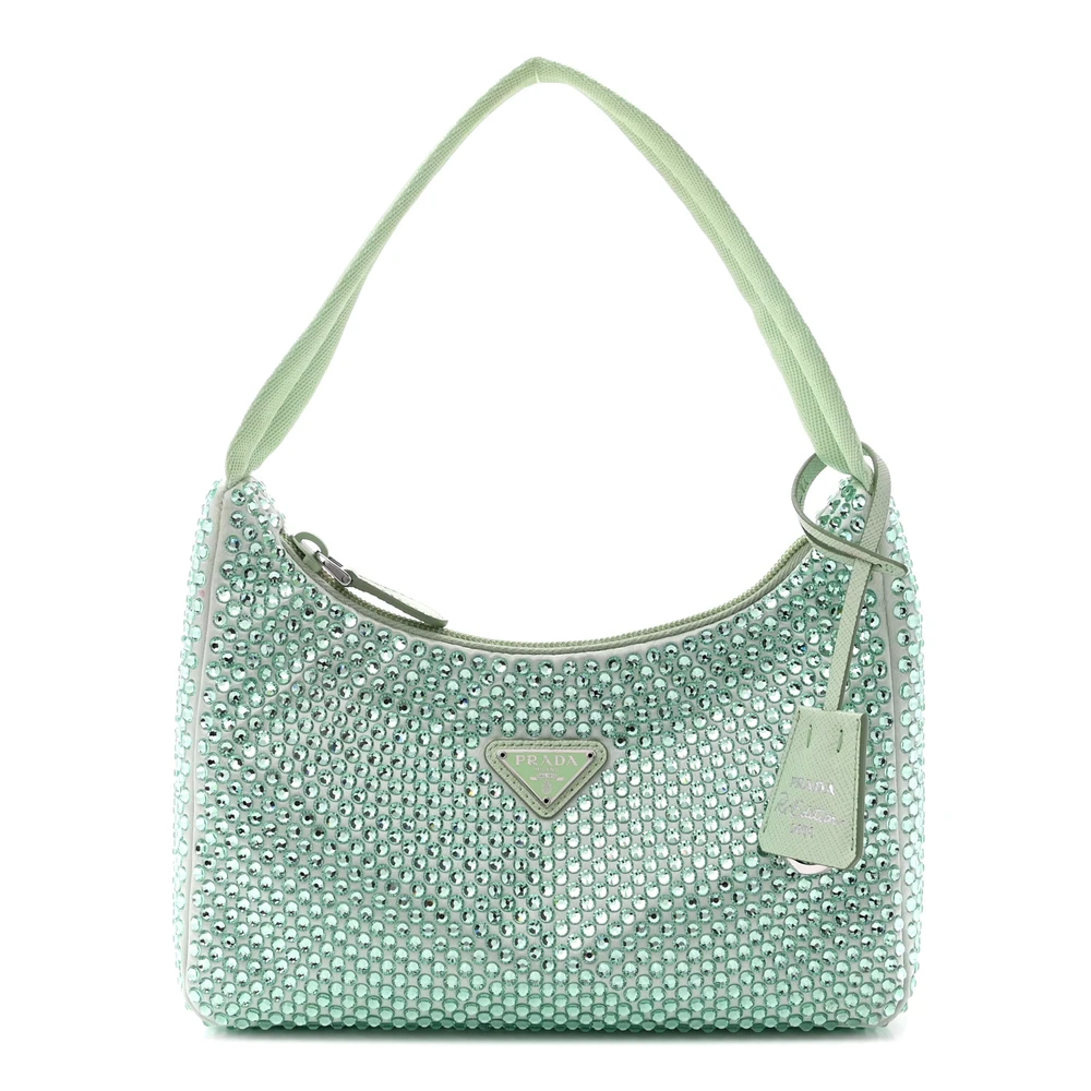 Prada Acqua Satin & Crystal Mini Re-Edition 2000 Bag Silver Hardware Front Replica handbags