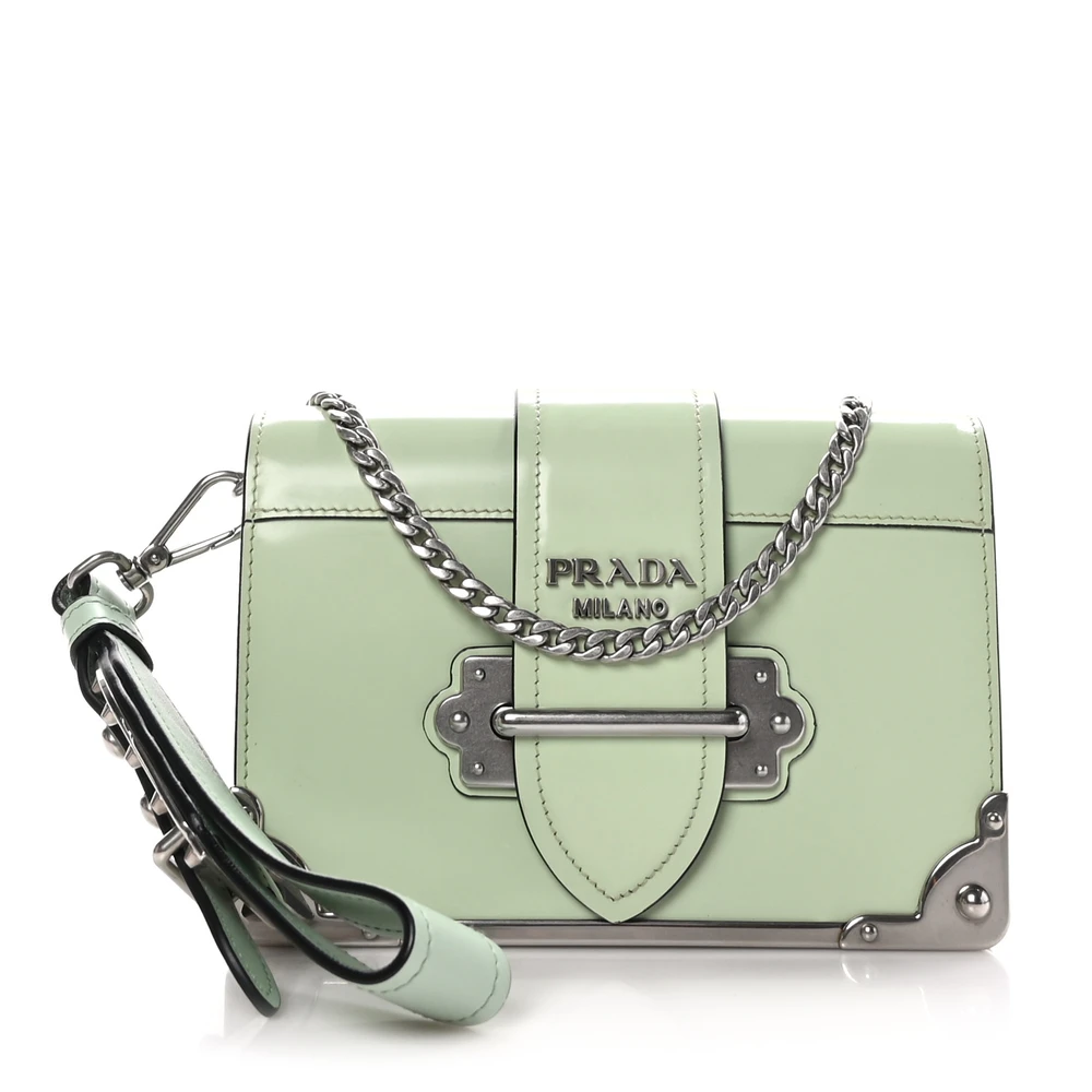 Prada Acqua Spazzolato Soft Calf Leather Small Cahier Chain Wristlet Silver Hardware Front Replica handbags