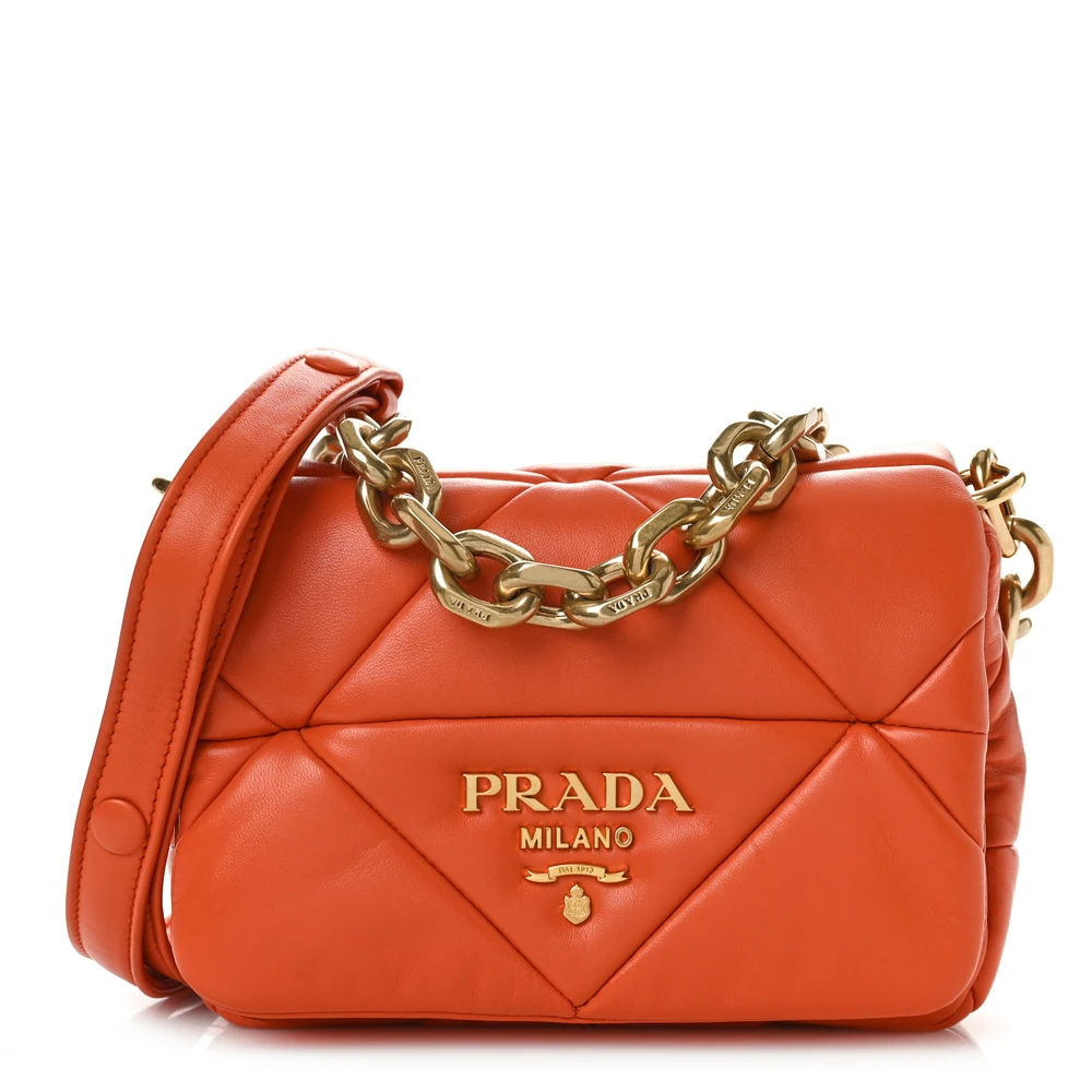 Prada Arancio Quilted Nappa Leather Small Metal Patchwork System Flap Bag Gold Hardware Front Replica handbags