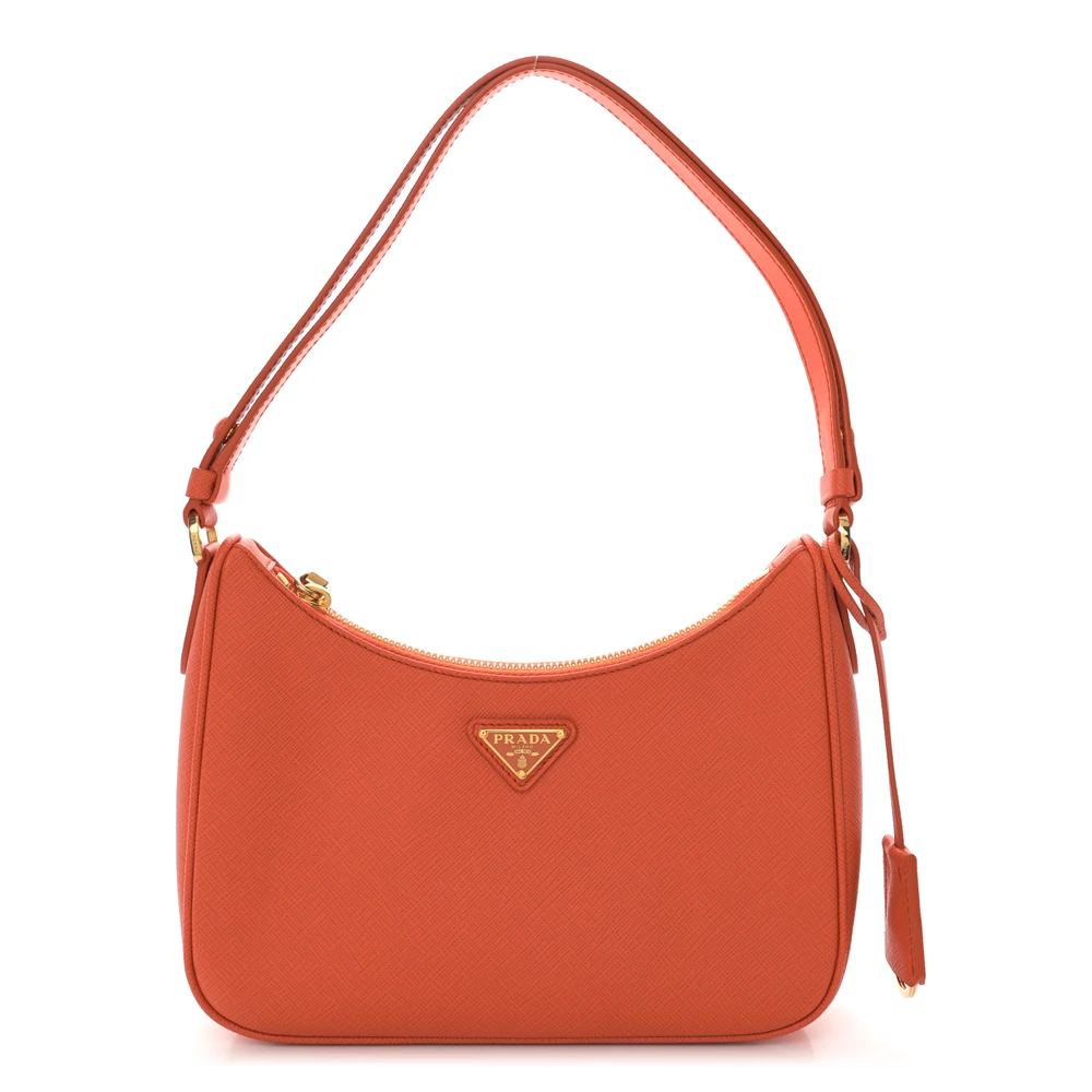 Prada Arancio Saffiano Leather Lux Mini Re-Edition Shoulder Bag Gold Hardware Front Replica handbags