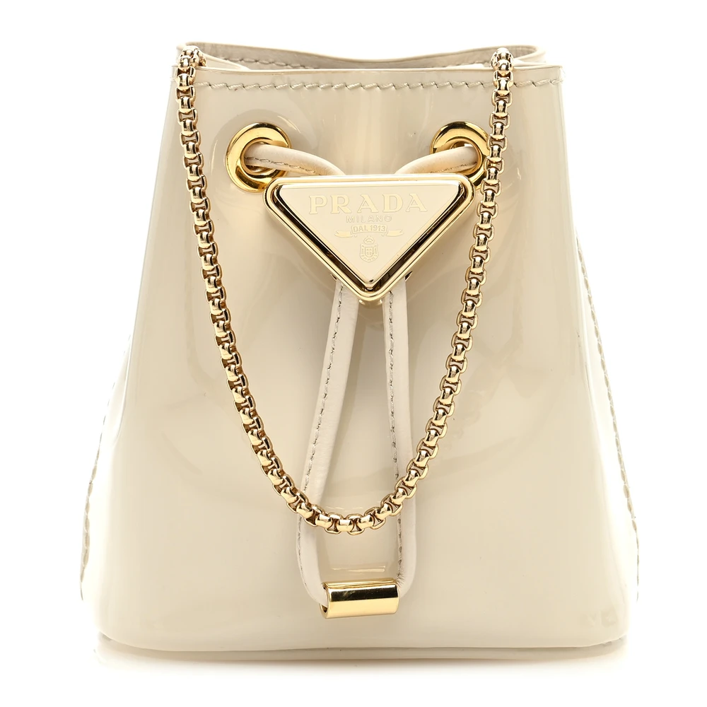 Prada Avorio Vernice Leather Mini Metal Triangle Logo Drawcord Pouch Shoulder Bag Gold Hardware Front Replica handbags