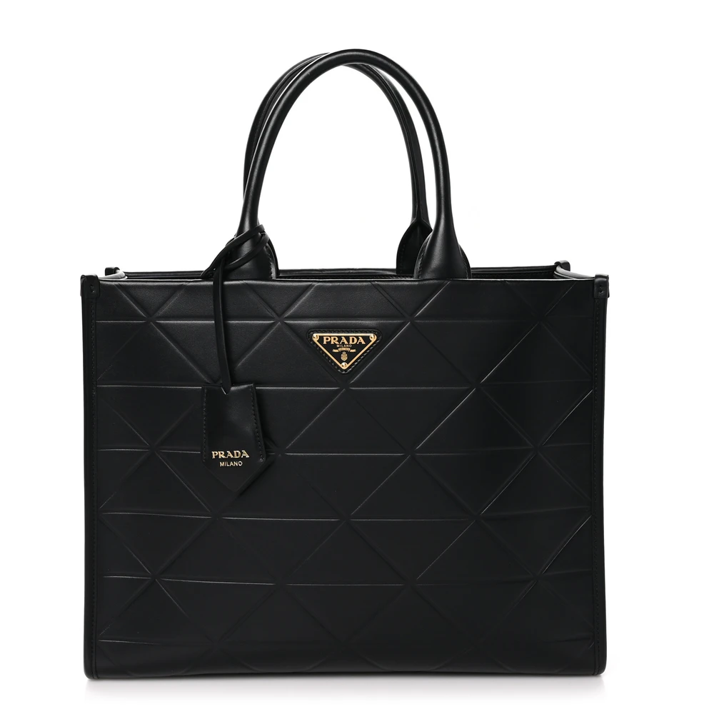 Prada Black Calfskin Leather Medium Soft Triangolo Symbole Embossed Tote Front Replica handbags