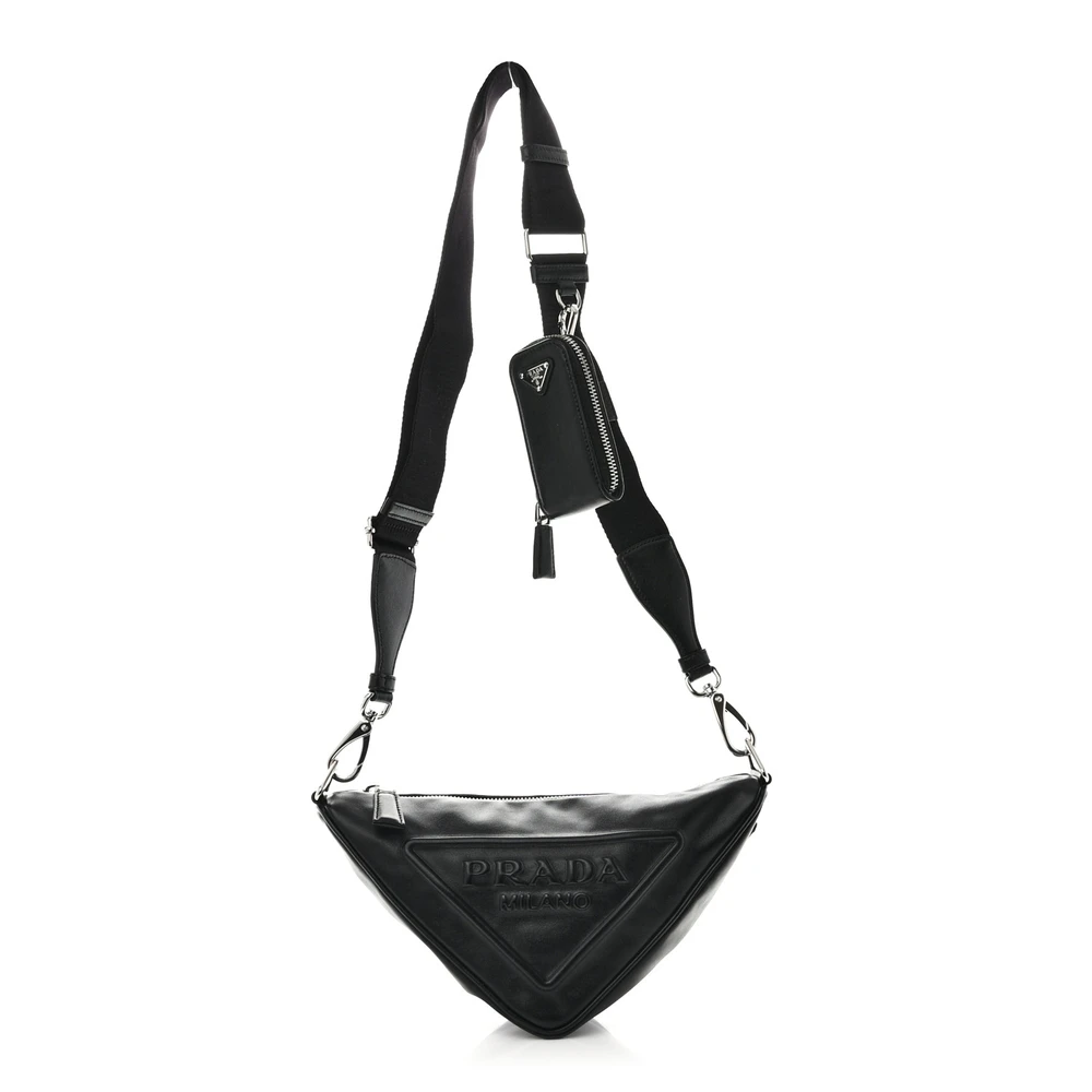 Prada Black Calfskin Leather Medium Triangle Shoulder Bag Silver Hardware Front Replica handbags