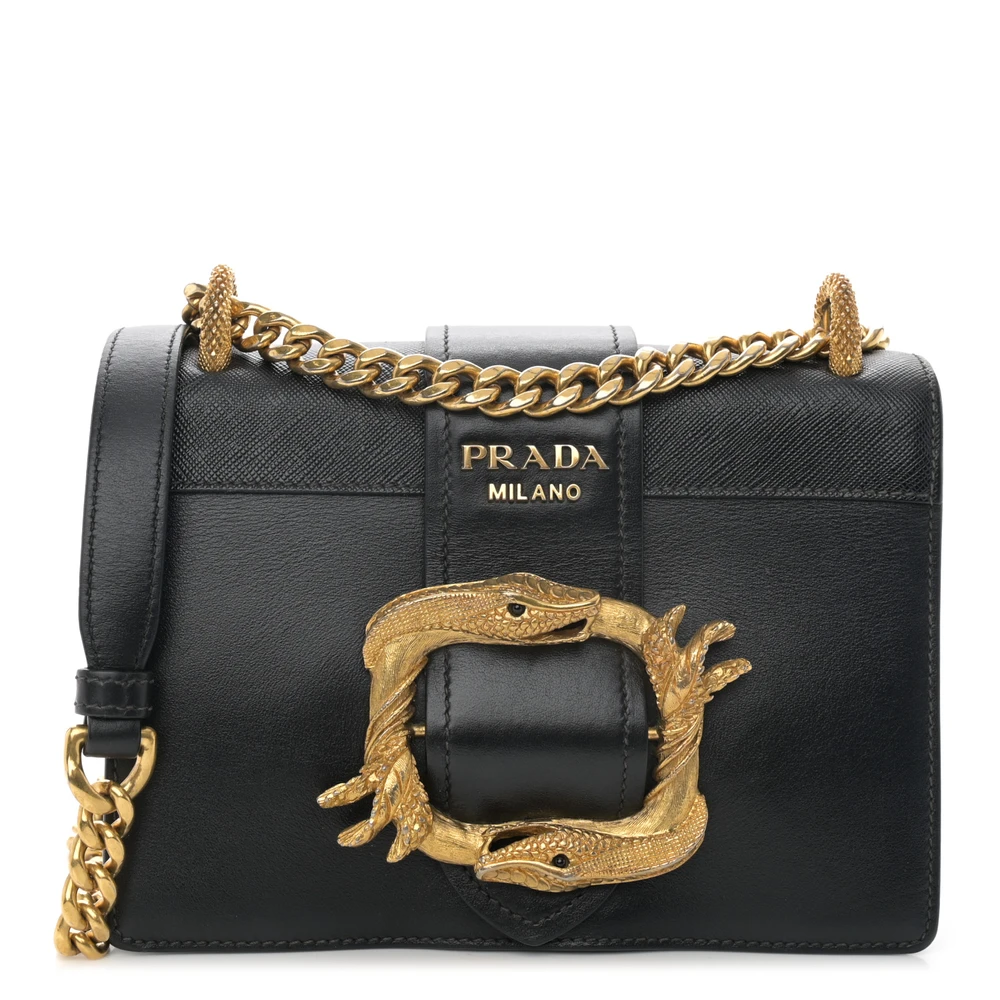 Prada Black City Calf Saffiano Leather Small Animalier Cahier Bag Brass Hardware Front Replica handbags