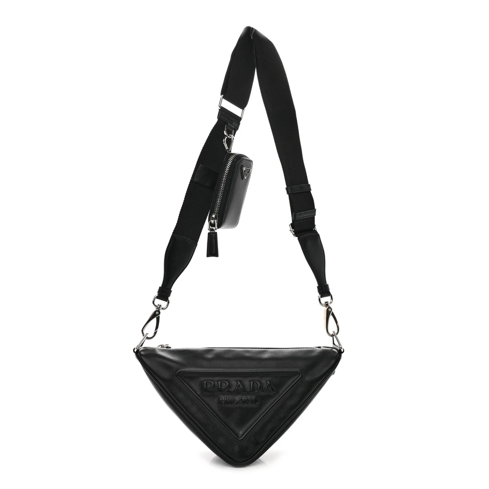 Prada Black Grace Lux Leather Medium Triangle Shoulder Bag Silver Hardware Front Replica handbags