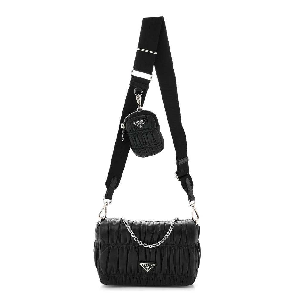 Prada Black Nappa Leather Medium Gaufre Flap Shoulder Bag Silver Hardware Front Replica handbags