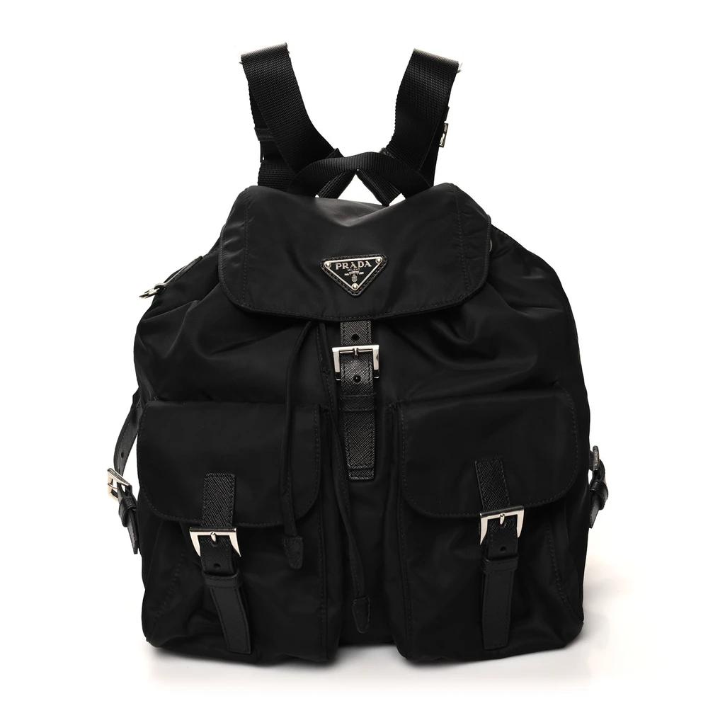 Prada Black Nylon Vela & Saffiano Leather Medium Backpack Silver Hardware Front