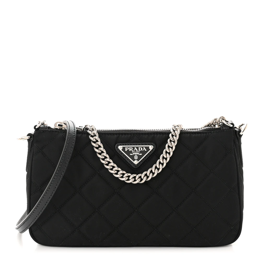 Prada Black Quilted Nylon Tessuto Impuntu Small Crossbody Bag Silver Hardware Front Replica handbags