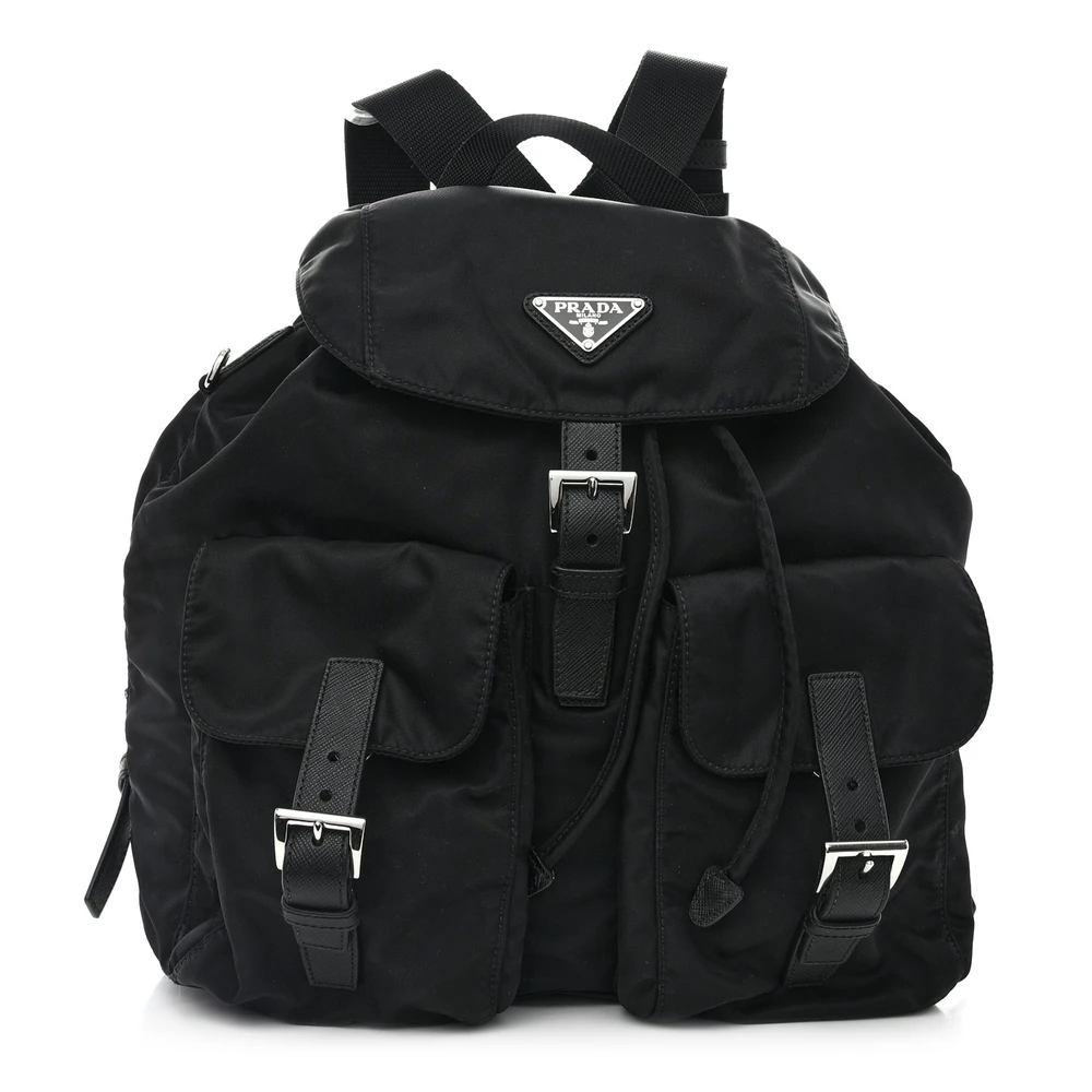 Prada Black Re-Nylon & Saffiano Leather Medium Backpack Silver Hardware Front Replica handbags