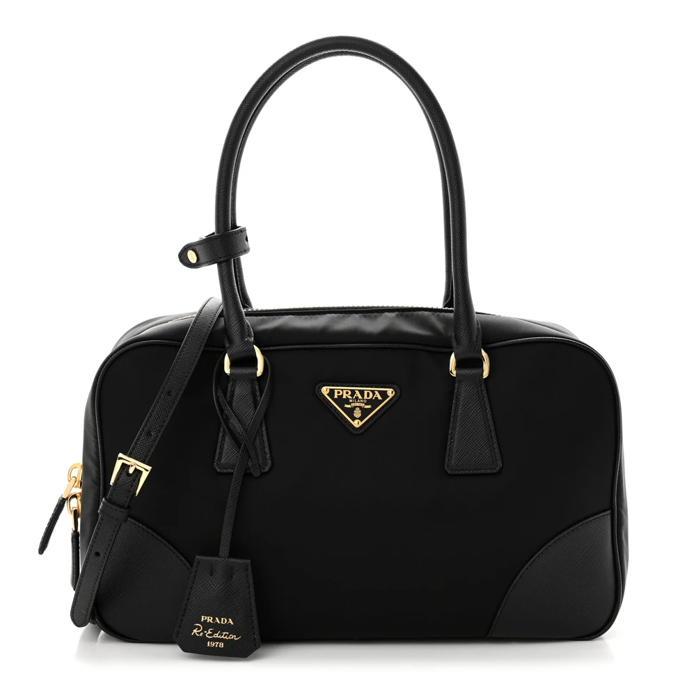 Prada Black Re-Nylon & Saffiano Leather Medium Re-Edition 1978 Two Handle Bag Gold Hardware Front Replica handbags
