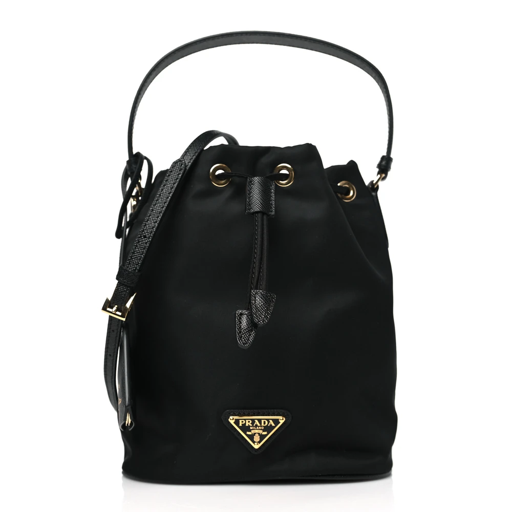 Prada Black Re-Nylon & Saffiano Leather Mini Re-Edition 1978 Bucket Bag Gold Hardware Front Replica handbags