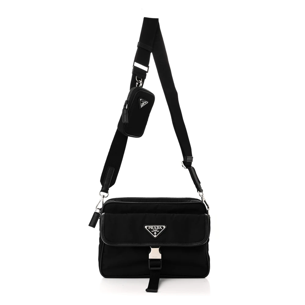 Prada Black Re-Nylon &Saffiano Leather Small Pocket Single Snap Buckle Shoulder Bag Silver Hardware Front Replica handbags
