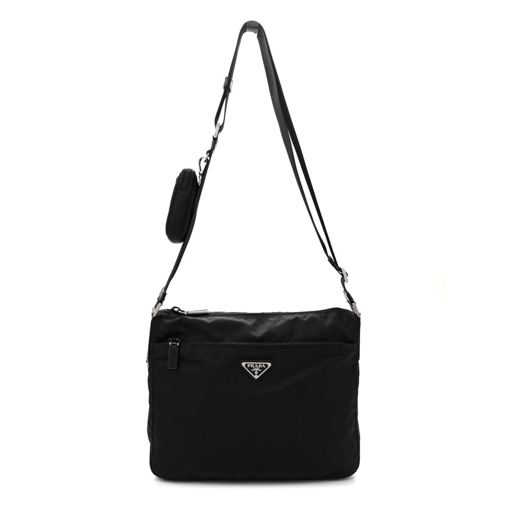 Prada Black Re Nylon Vela & Saffiano Leather Medium Pocket Double Zip Messenger Bag Silver Hardware Front Replica handbags