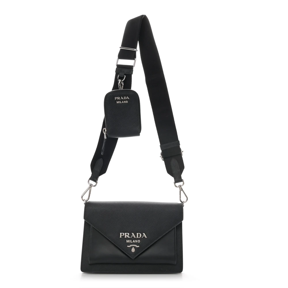 Prada Black Saffiano & City Calf Leather Mini Envelope Bag Silver Hardware Front Replica handbags