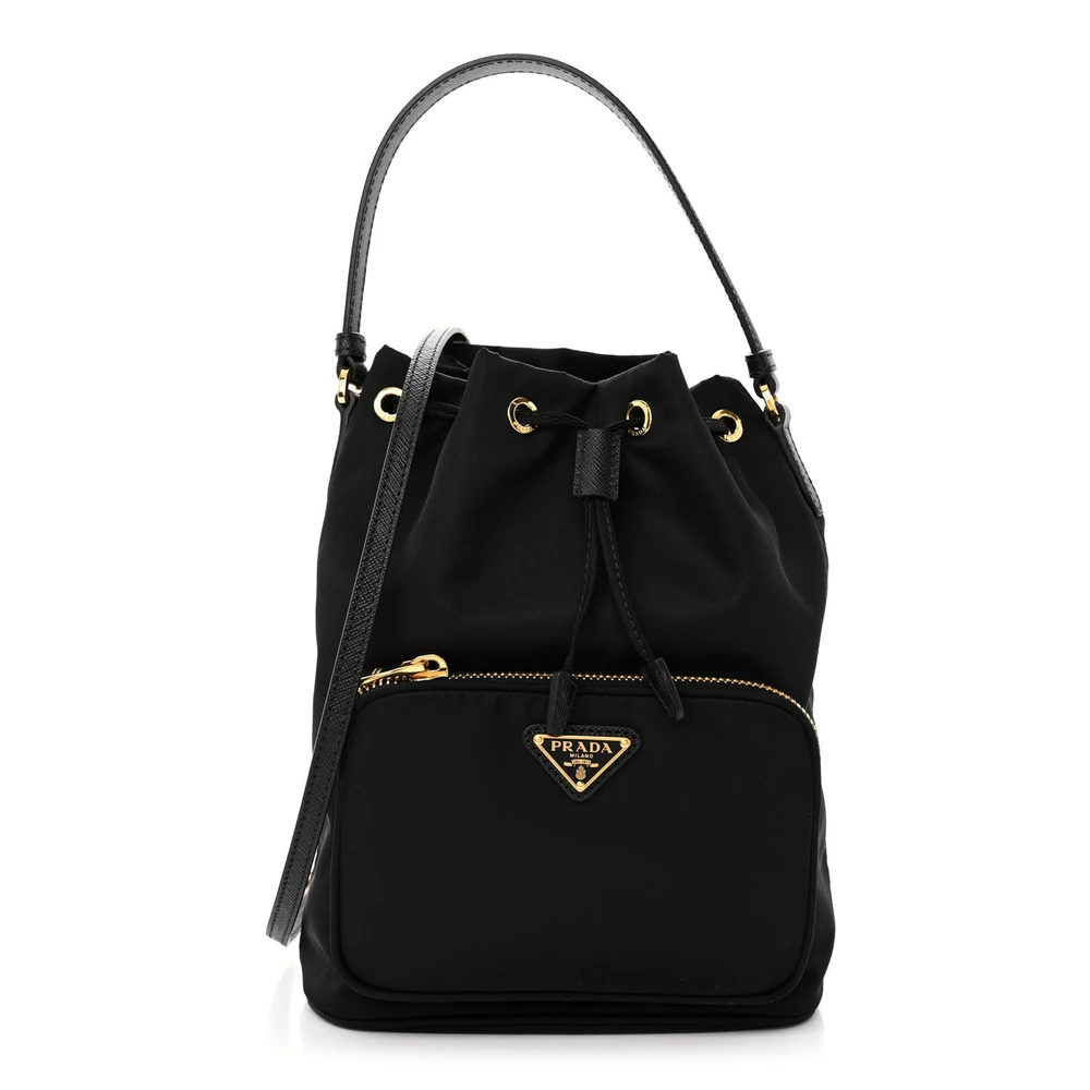 Prada Black Saffiano Leather & Tessuto Nylon Mini Bucket Crossbody Bag Brass Hardware Front Replica handbags
