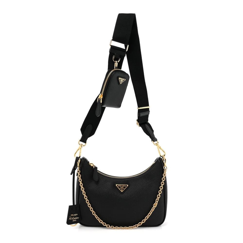 Prada Black Saffiano Lux Leather Medium Re-Edition 2005 Shoulder Bag Silver Hardware Front Replica handbags