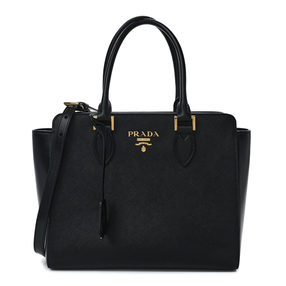 Prada Black Saffiano Soft Calfskin Leather Small Zippered Tote Bag Gold Hardware Front Replica handbags
