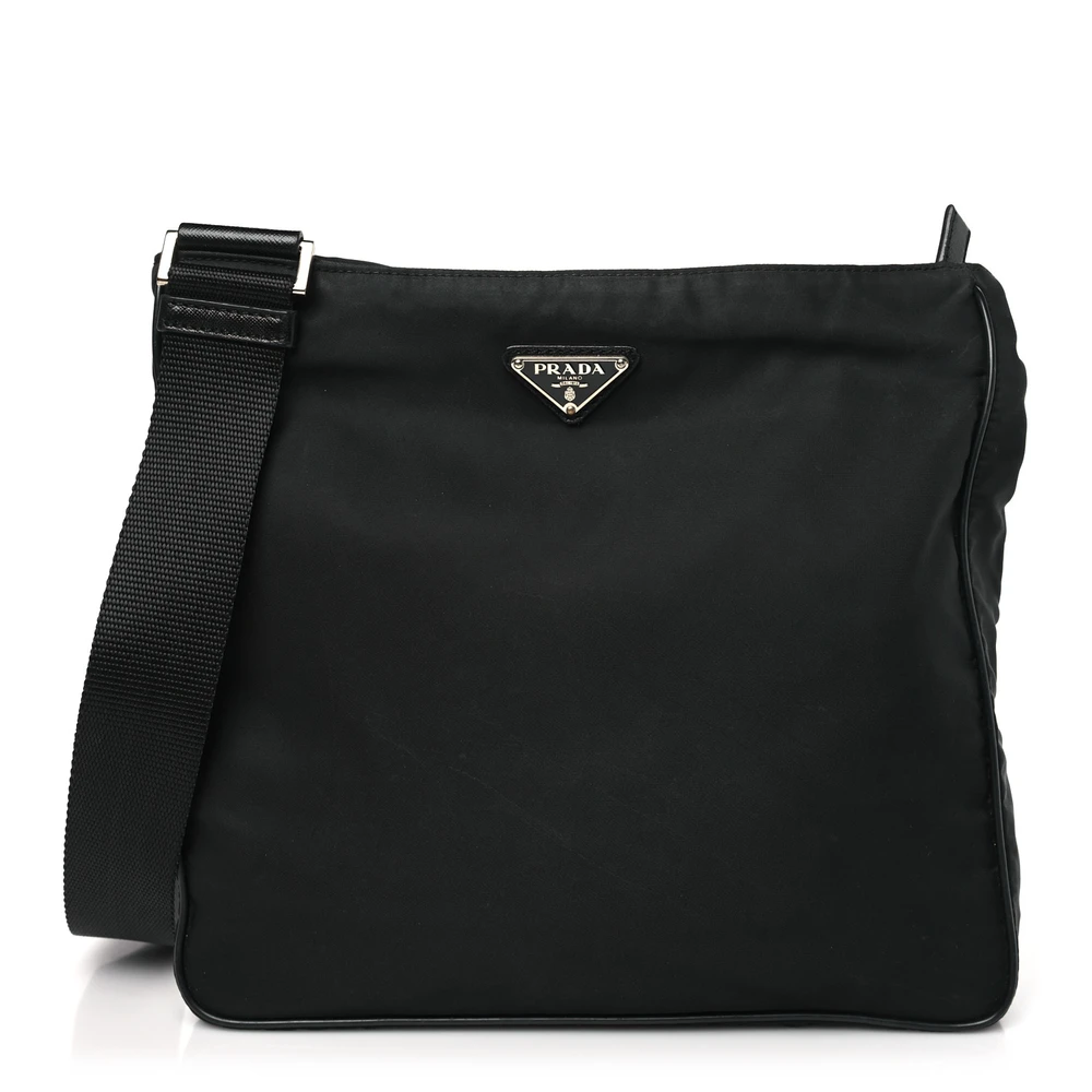 Prada Black Tessuto Nylon & Saffiano Leather Medium Logo Messenger Bag Front Replica handbags