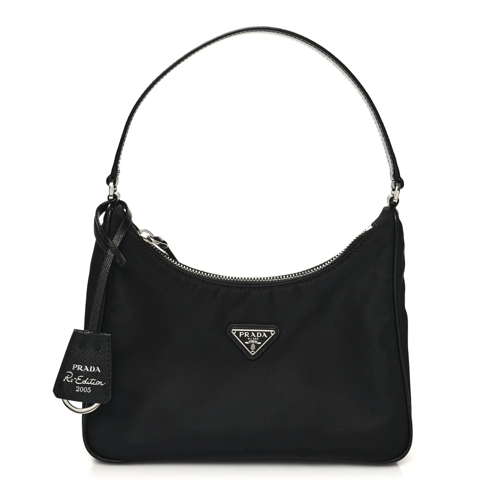 Prada Black Tessuto Nylon & Saffiano Leather Mini Re-Edition 2005 Bag Silver Hardware Front Replica handbags