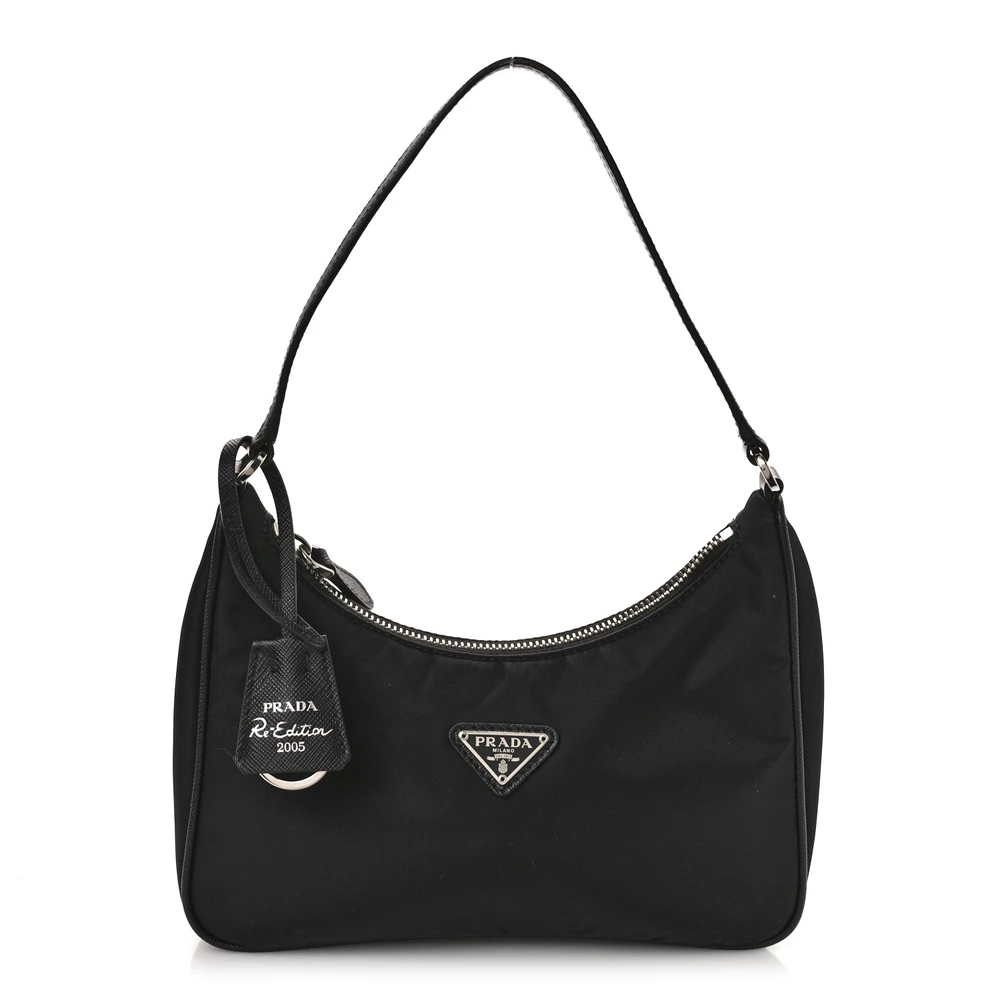 Prada Black Tessuto Nylon & Saffiano Leather Mini Re-Edition 2005 Bag Silver Hardware Front Replica handbags