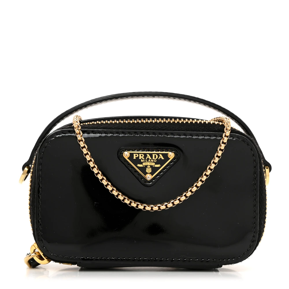 Prada Black Vernice Leather Mini Metal Triangle Logo Pouch with Handle Gold Hardware Front Replica handbags