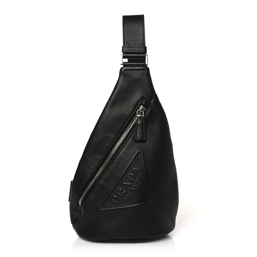 Prada Black Vitello Daino Leather Medium Logo Embossed Cross Sling Backpack Silver Hardware Front Replica handbags
