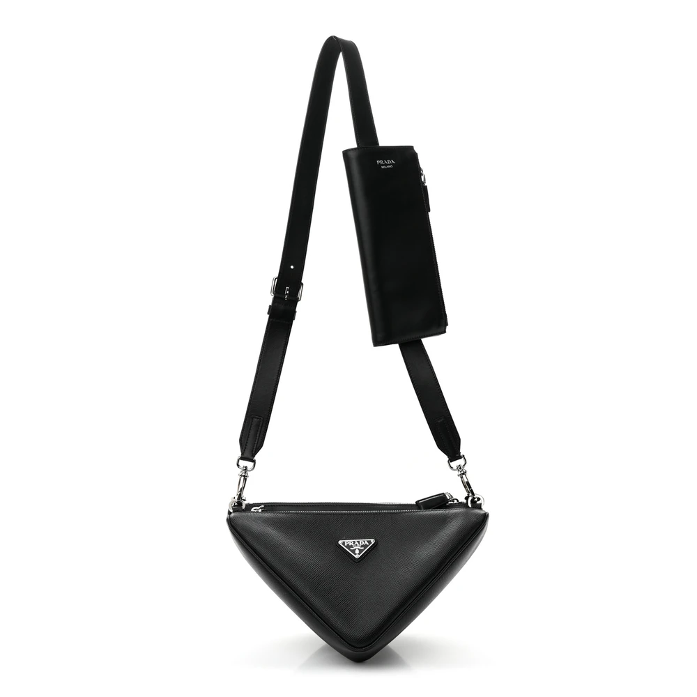 Prada Black Vitello Saffiano Cuir Leather Medium Double Triangle Shoulder Bag Silver Hardware Front Replica handbags