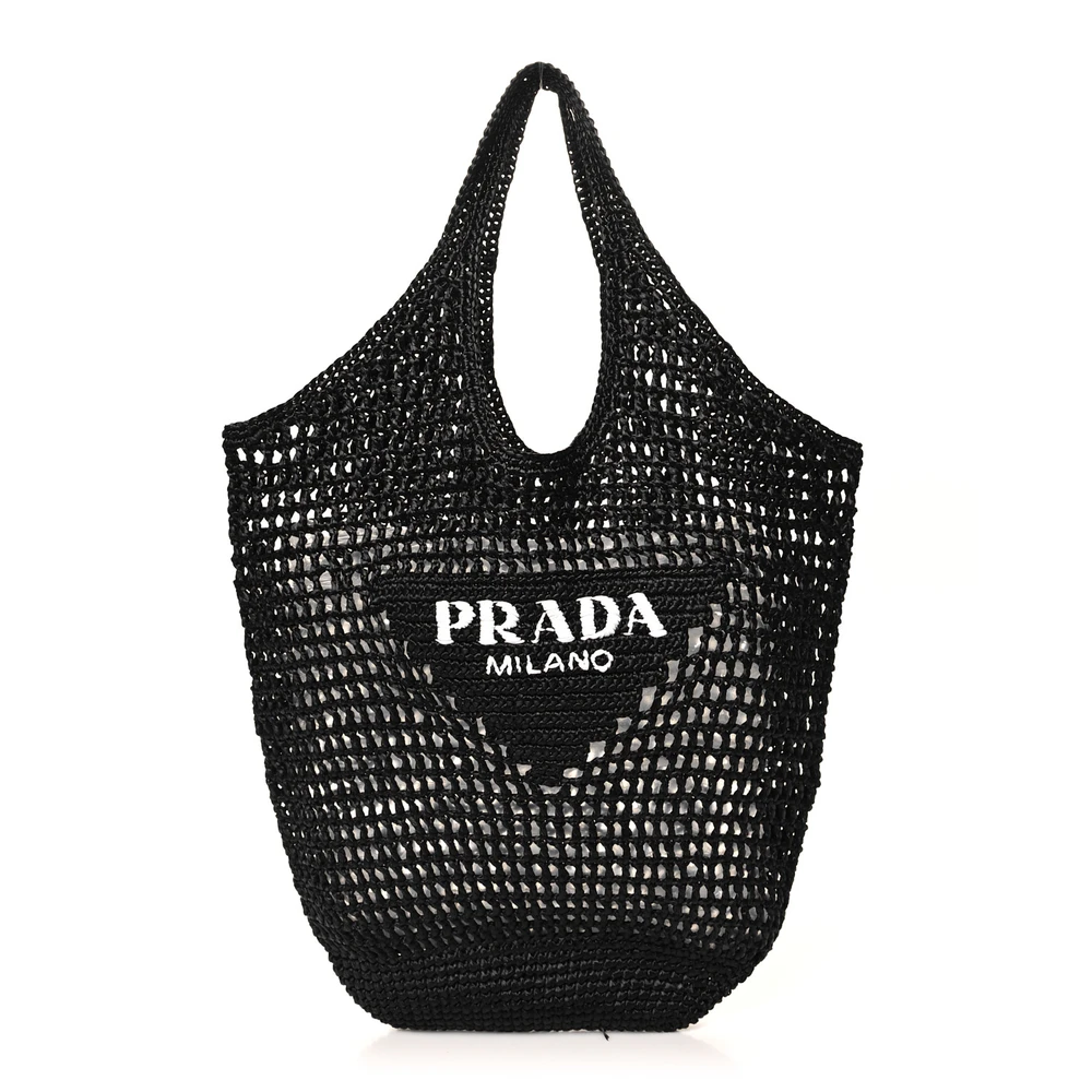 Prada Black Yarn Raffia Large Effect Logo Embroidered Shopping Crochet Tote Bag Front Replica handbags