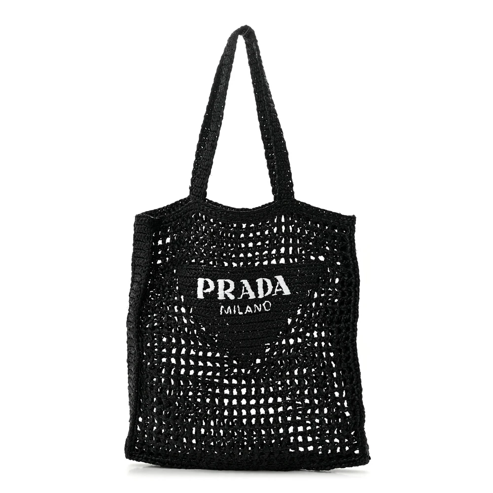 Prada Black Yarn Raffia Medium Effect Crochet Logo Embroidered Tote Bag Front Replica handbags