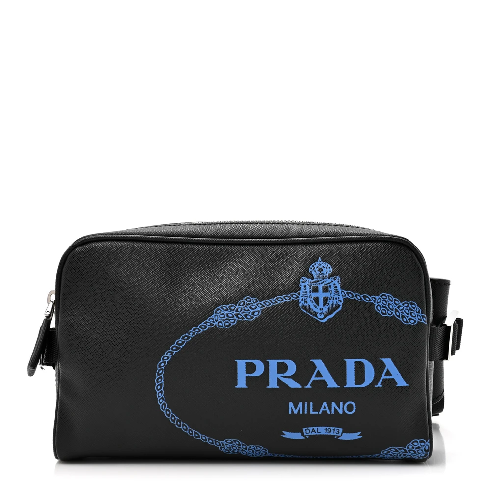 Prada BlackBlue Saffiano Leather Medium Travel Brique Belt Bag Front Replica handbags