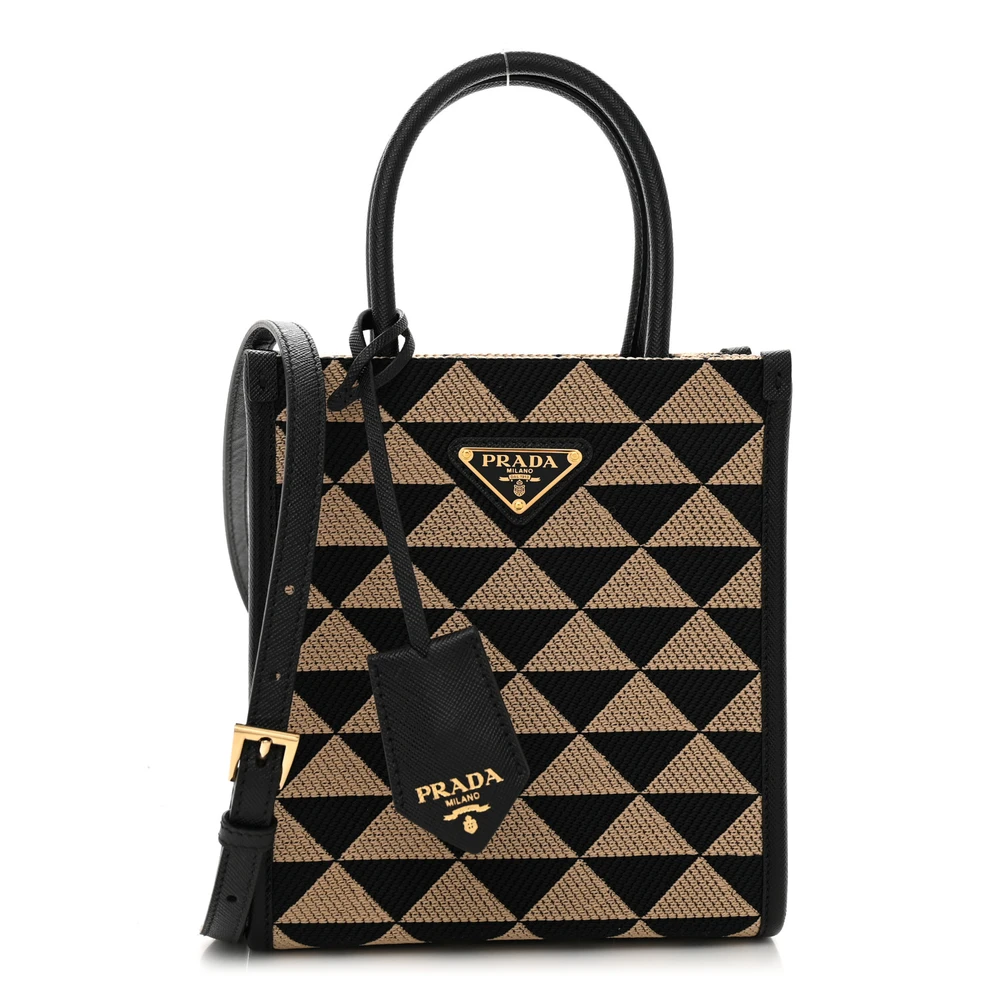 Prada BlackCorda Jacquard Saffiano Leather Micro Triangolo Symbole Embroidered Tote Gold Hardware Front Replica handbags