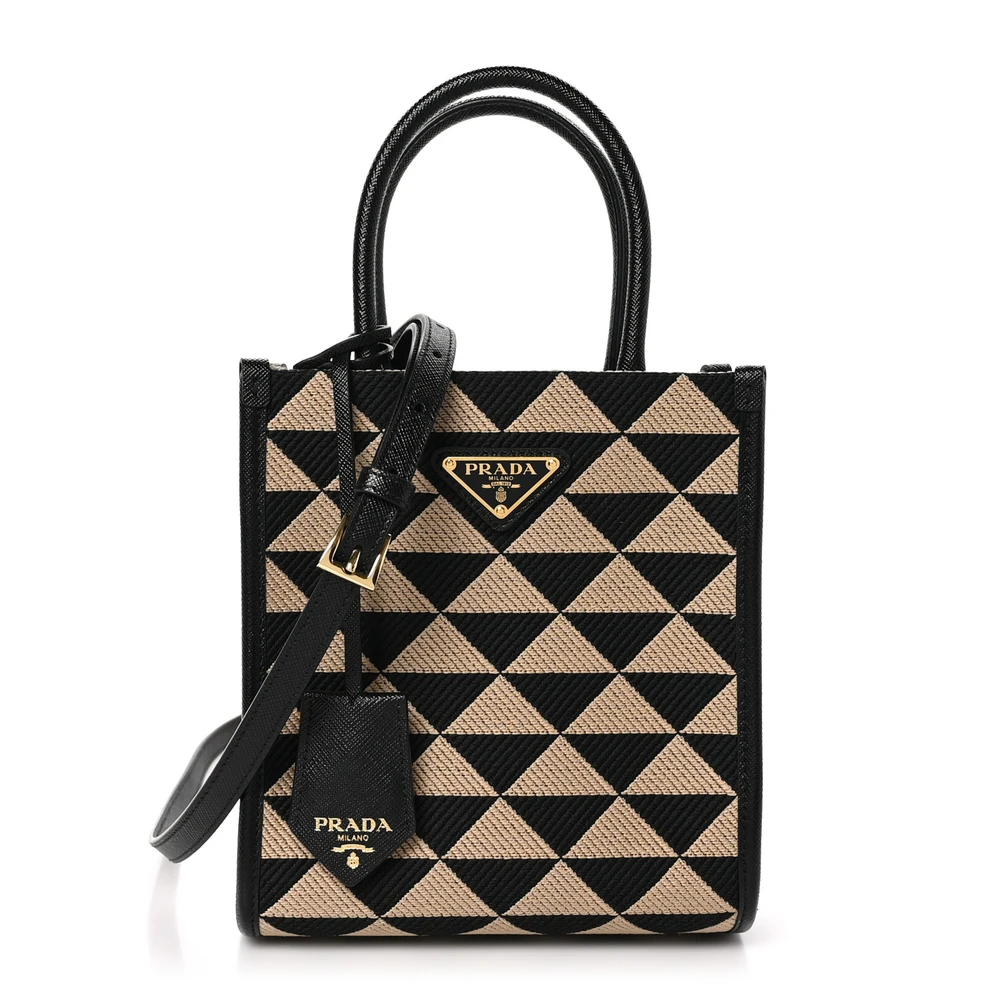 Prada BlackCorda Jacquard Saffiano Leather Mini Triangolo Symbole Embroidered Tote Bag Gold Hardware Front Replica handbags