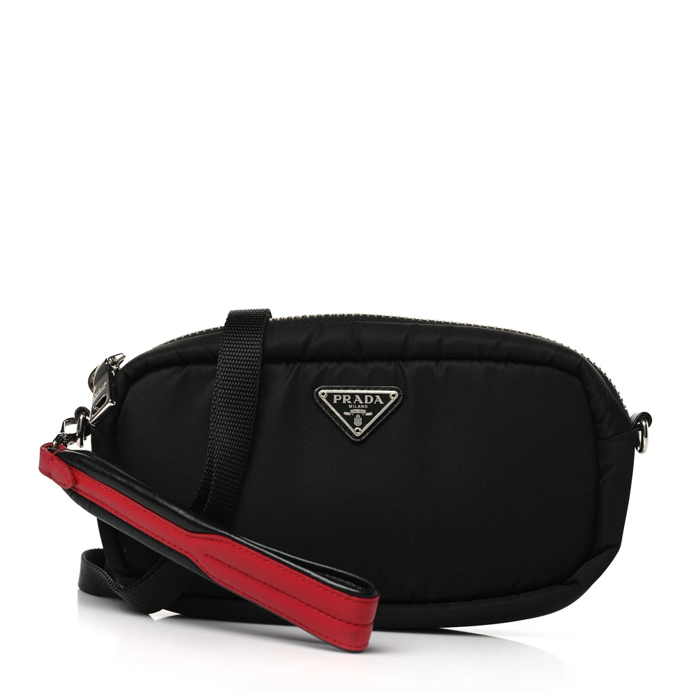 Prada BlackFuoco Tessuto Soft Nylon Small Convertible Crossbody Wristlet Silver Hardware Front Replica handbags