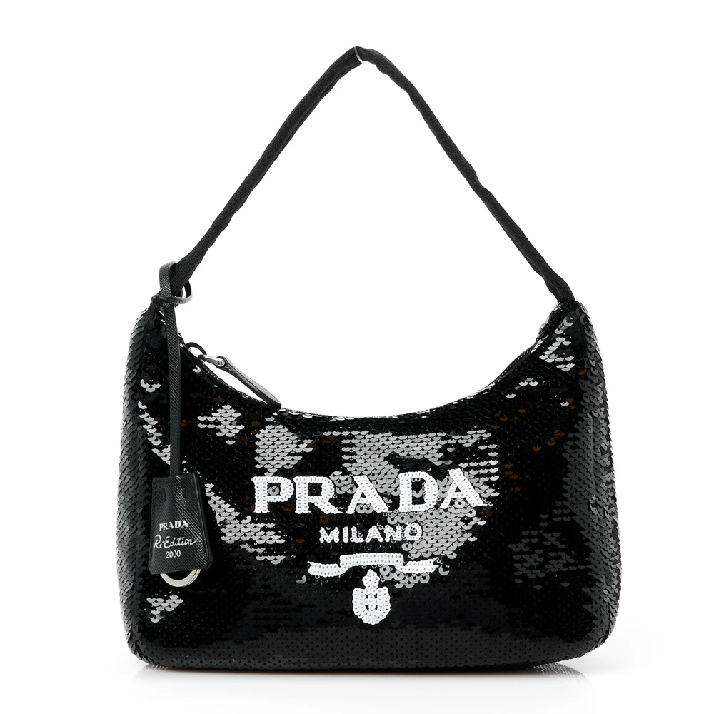 Prada BlackWhite Paillettes Sequin Mini Re-Edition 2000 Bag Front Replica handbags