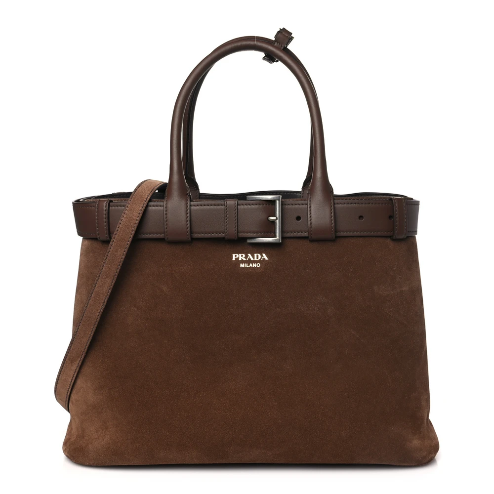 Prada Cacao Scamosciato Suede Leather Large Double Belt Tote Front Replica handbags