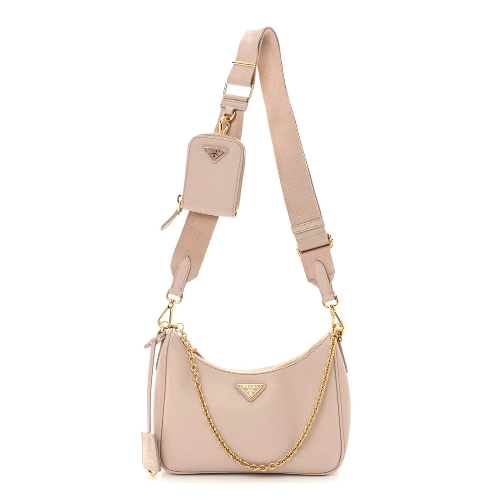 Prada Cammeo Beige Saffiano Leather Medium Re-Edition 2005 Shoulder Bag Gold Hardware Front Replica handbags