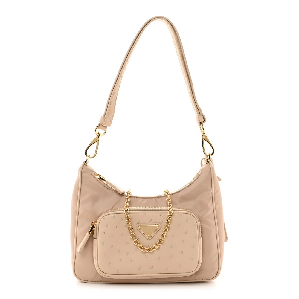 Prada Cammeo Re-Nylon & Ostrich Leather Mini Shoulder Bag Front Replica handbags