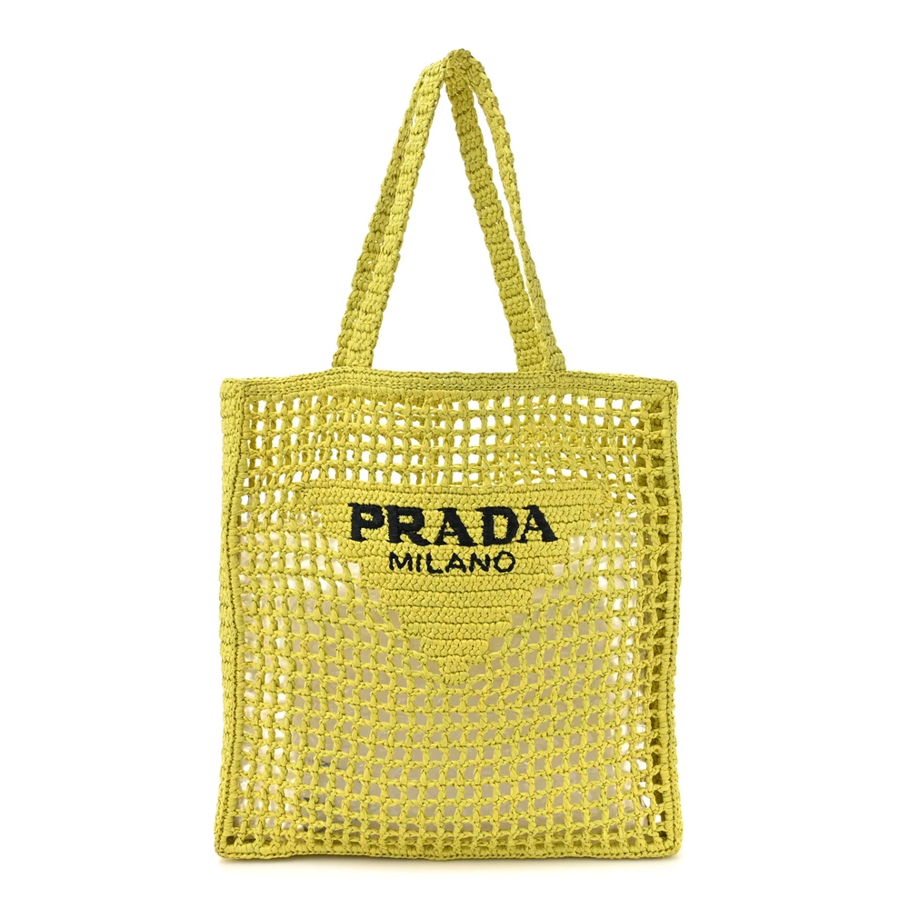 Prada Cedro Yarn Raffia Large Effect Crochet Logo Embroidered Tote Bag Front Replica handbags