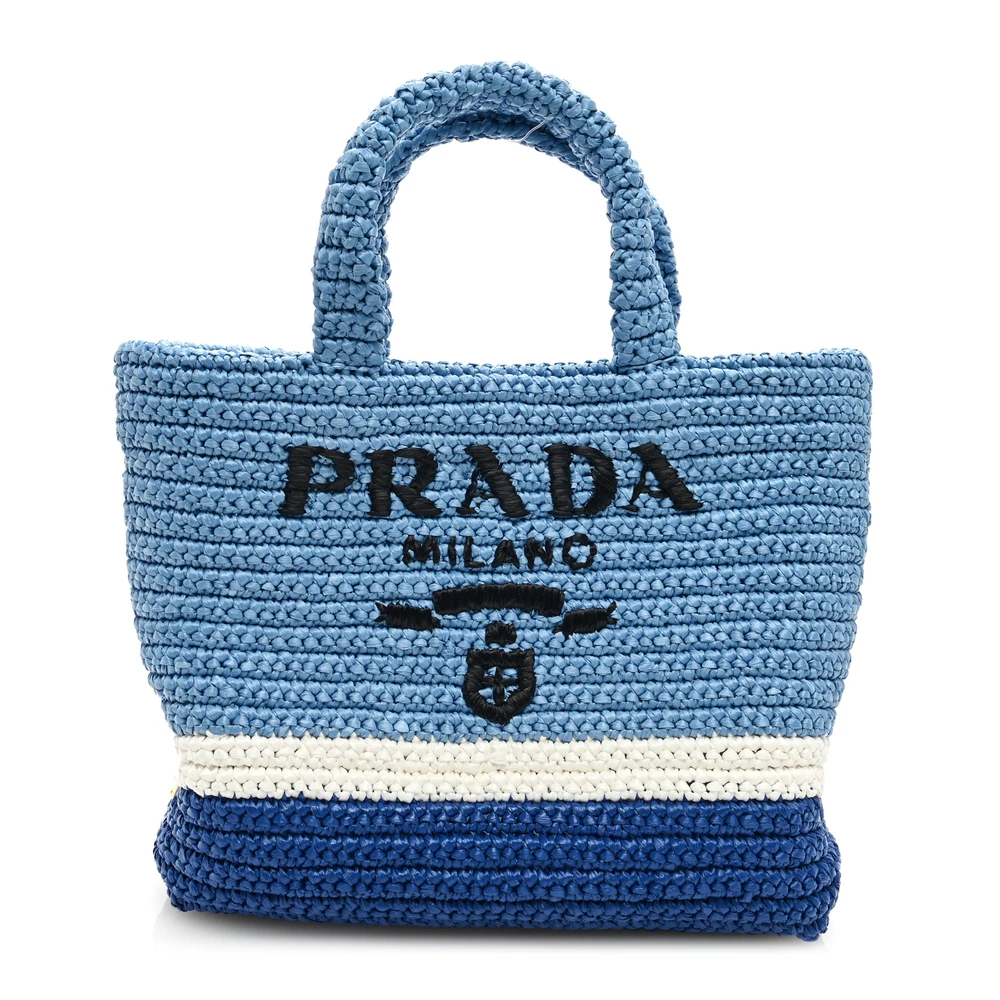Prada Celeste Blue Yarn Raffia Small Effect Crochet Logo Tote Front Replica handbags