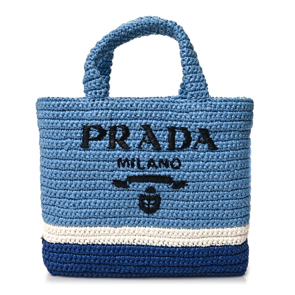 Prada Celeste Blue Yarn Raffia Small Effect Crochet Logo Tote Front Replica handbags