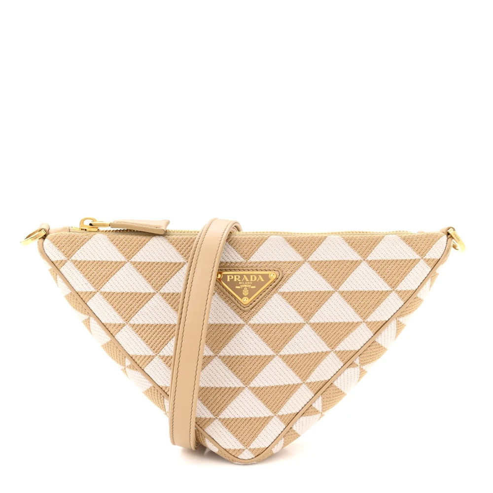 Prada Corda Talco Jacquard Canvas Mini Triangolo Symbole Embroidered Triangle Bag Gold Hardware Front Replica Handbags